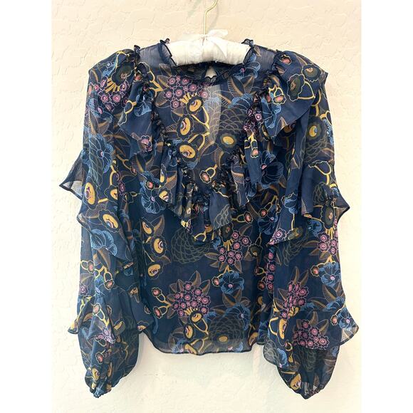 TED BAKER LONDON | Navy Romantic Floral Ruffle Sheer Blouse Top | Size 0 (2) - Picture 1 of 6